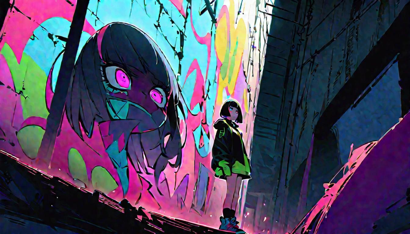 From below、Playing the guitar、Performance、Black Hair、Bobcut、blunt bangs、Step Piece, Best Quality, Best Illustration, Ultra-detailed,girl, pinkrose long hair, crazy baddie girl, Cool Black Open Short Jacket, neck tattoo, Messy Fade Cut Hair, Side braided hair,Crazy, standing with an eerie feeling, abandond street graffiti wall background,knee high socks, quirky sneakers, Eyeshadow on the eyes,unusual colored eyes, Eyes of fear, vivid eyes, cool shot
