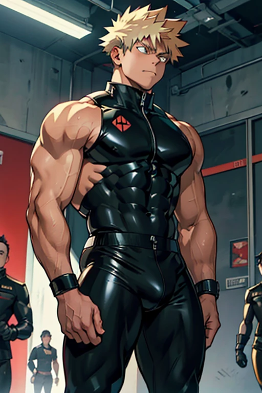 Katsuki Bakugo from My Hero Academia standing at attention in line next to Izuku Midoriya as hyper muscular brainwashed thralls in identical full body black shiny rubber latex gimp uniforms staring blankly ahead with vapid expressions as they repeat their brainwashing mantras over and over again to affirm that they are nothing more than obedient minions to the villains. Hyper muscles. Hyper crotch bulge. Massive swollen pectorals. Thick glutes. Muscular thighs. Broad shoulders. Big traps. Massive biceps. Massive triceps. "I am a thug. I am a drone. I do not think. I obey masters' commands. My masters are villains. Thugs obey villains. Must obey villains. I obey villains. I am a thug. I am a drone...." IQ drain. hypnosis. Hypnotic trance. Hypnotized. Brainwashing. Entranced. Enthralled. Dumber and dumber.