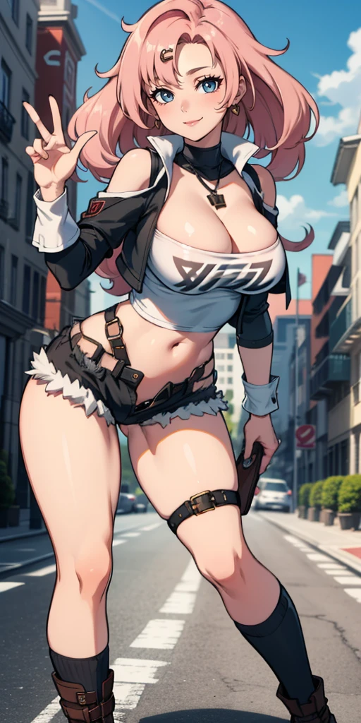 Nicole starts Style, She is facing the camera, body facing the camera, looking to the side 8K, High resolution, Ureal engine, super high quality, Big Tits Beautiful Women, Green Eyes, standing, showing the side, she is standing sideways to the viewer , cross-legged, White VT shirt, black Shorts , Long chest,Detailed and realistic starting outfit style, Pink Hair, body,Nicole starts, Hair Clip, Long Hair, pretentious smile, smile, Thighs, boots, Cleavage, Short shorts, Shorts, knee-length sune, One-legged socks, One leg height, socks, Thighs strap, Thighs, Outdoor, city, zero, cloud, sun, building, (artwork:1.2), Better Quality, high resunution, (Beautiful and fine details:1.6), Highly detailed face, Perfect lighting,, (Perfect hands, Perfect Anatomy),