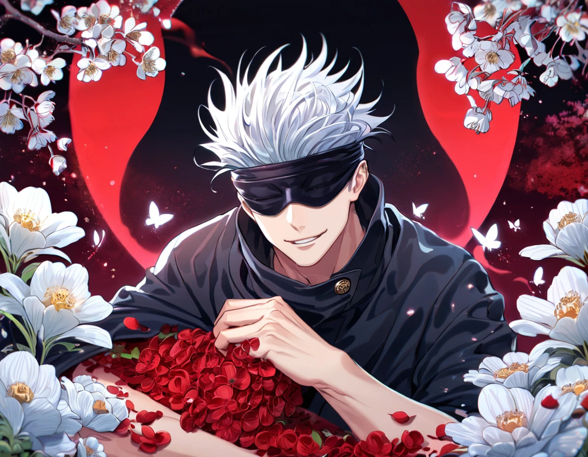 absurdres, highres, ultra detailed, HDR, master piece, extremely detailed, Gojou Satoru, white hair, blindfolded eyes, Jujutsu Kaisen, sexy man, handsome, best quality, red moon, flowers, fantasy, magical, solo, red water, red shining fireflies, red petals, handsome smile, silver small butterflies, red dust, black coat,