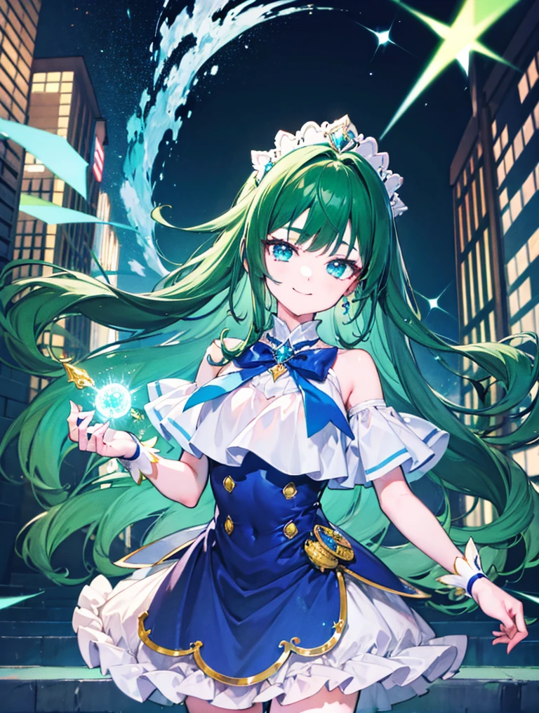 ((absurdres)), hd, uhd, (((HDR))), ((best quality)), (ultra high quality), (hi-res), ((1girl)), solo, alone, green-blue mahou shoujo, green-blue magical girl, green-blue hair, green-blue eyes, smiling, head tilt, facing viewer, ((dynamic)), magic, frills, action, rambunctious, outside, buildings, daytime, additional lighting, city scenery, wand, magical, ribbon, stars