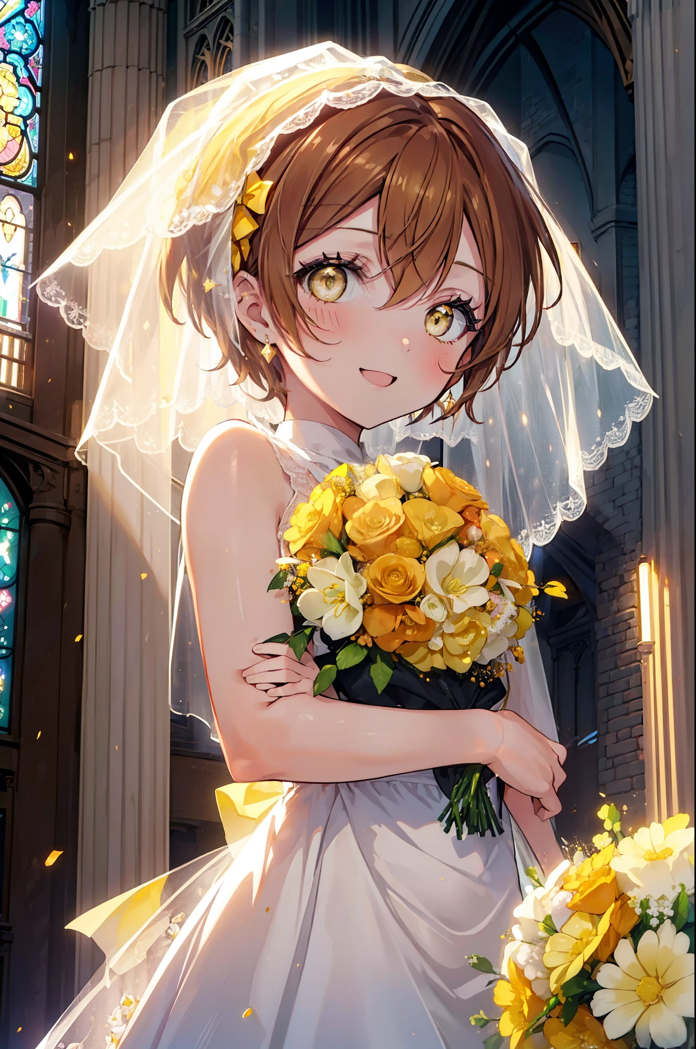 Rin Hoshizora (Yellow Eyes:1.5), Hair between the eyes, Brown Hair,short hair,blush,happy smile, smile, Open your mouth,Wedding dress,Veil,bouquet,　　　　　　　　　　　　break looking at viewer, whole body,(Cowboy Shot:1. 5) 　　　　　　　　　　　　　　　　　　　break indoors, Chapel,church, 　　　　　　　　　　　break (masterpiece:1.2), Highest quality, High resolution, unity 8k wallpaper, (shape:0.8), (Beautiful attention to detail:1.6), Highly detailed face, Perfect lighting, Extremely detailed CG, (Perfect hands, Perfect Anatomy),