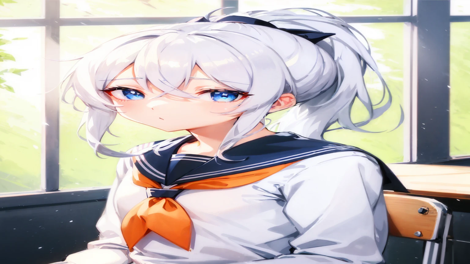 anime girl with white hair and blue eyes sitting in a chair, Animated visual of a cute girl, Beautiful anime high school girl, animation style 4k, Animation Moe Artstyle, 젊은 anime girl, girl with white hair, anime girl, 귀여운 anime girl, 귀여운 anime girl portraits, Smooth animated CG art, 귀여운 anime girl portrait, girl with perfect white hair, blue eyes, blue eyes의 소녀 학교 교실 책상에 앉아 노트를 펼치고 손에는 연필의 쥐고 공부를 하는 모습