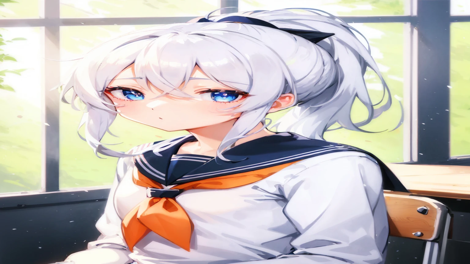 anime girl with white hair and blue eyes sitting in a chair, Animated visual of a cute girl, Beautiful anime high school girl, animation style 4k, Animation Moe Artstyle, 젊은 anime girl, girl with white hair, anime girl, 귀여운 anime girl, 귀여운 anime girl portraits, Smooth animated CG art, 귀여운 anime girl portrait, girl with perfect white hair, blue eyes, blue eyes의 소녀 학교 교실 책상에 앉아 노트를 펼치고 손에는 연필의 쥐고 공부를 하는 모습