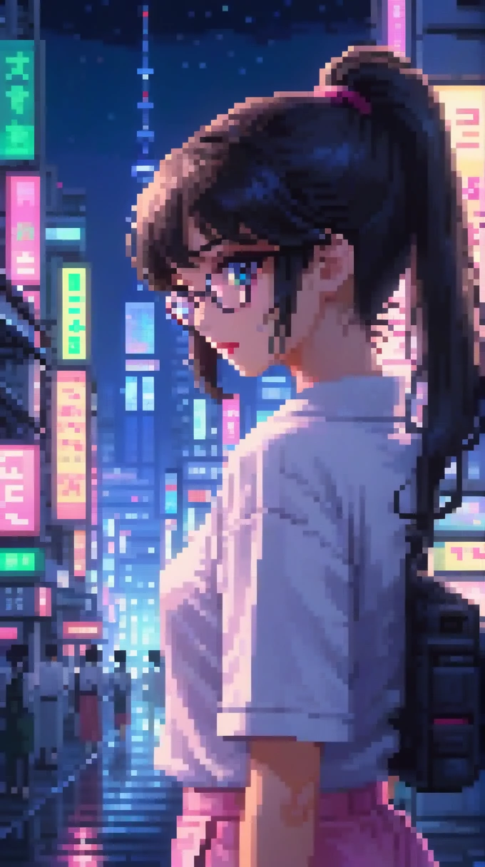 ((best quality)), ((masterpiece)), (detailed), 1girl, sexyhighest quality, masterpiece, Very detailed, Detailed Background, anime, One girl, Young girl, Sexy Girls, Black hair ponytail girl,　 Atmospheric lighting, Focus Only, close　 Depth of written boundary, Bokeh　1990年代anime　１９８０年代anime　１９８０Period Fashion　 　City Pop 　　Big glasses　 Beautiful eyes　B90,W60，H90 White Skin　Pink lighting　Light pink clothes pixel, 16-bit Style, Pixel art, Nintendo game scene, Cool colors, green,Shinjuku at night in the background, Skyscraper, Skyline, Modern, Colorful lights, Tokyo Night, dark, A girl in the foreground, whole body,greenい瞳　I&#39;m wearing headphones　Valley