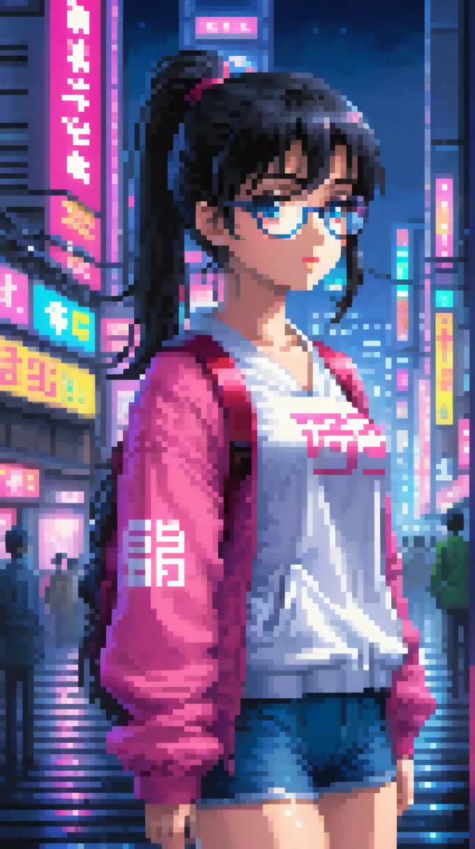 ((best quality)), ((masterpiece)), (detailed), 1girl, sexyhighest quality, masterpiece, Very detailed, Detailed Background, anime, One girl, Young girl, Sexy Girls, Black hair ponytail girl,　 Atmospheric lighting, Focus Only, close　 Depth of written boundary, Bokeh　1990年代anime　１９８０年代anime　１９８０Period Fashion　 　City Pop 　　Big glasses　 Beautiful eyes　B90,W60，H90 White Skin　Pink lighting　Light pink clothes pixel, 16-bit Style, Pixel art, Nintendo game scene, Cool colors, green,Shinjuku at night in the background, Skyscraper, Skyline, Modern, Colorful lights, Tokyo Night, dark, A girl in the foreground, whole body,greenい瞳　I&#39;m wearing headphones　Valley