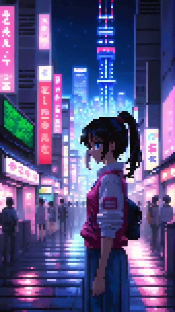 ((best quality)), ((masterpiece)), (detailed), 1girl, sexyhighest quality, masterpiece, Very detailed, Detailed Background, anime, One girl, Young girl, Sexy Girls, Black hair ponytail girl,　 Atmospheric lighting, Focus Only, close　 Depth of written boundary, Bokeh　1990年代anime　１９８０年代anime　１９８０Period Fashion　 　City Pop 　　Big glasses　 Beautiful eyes　B90,W60，H90 White Skin　Pink lighting　Light pink clothes pixel, 16-bit Style, Pixel art, Nintendo game scene, Cool colors, green,Shinjuku at night in the background, Skyscraper, Skyline, Modern, Colorful lights, Tokyo Night, dark, A girl in the foreground, whole body,greenい瞳　I&#39;m wearing headphones　Valley