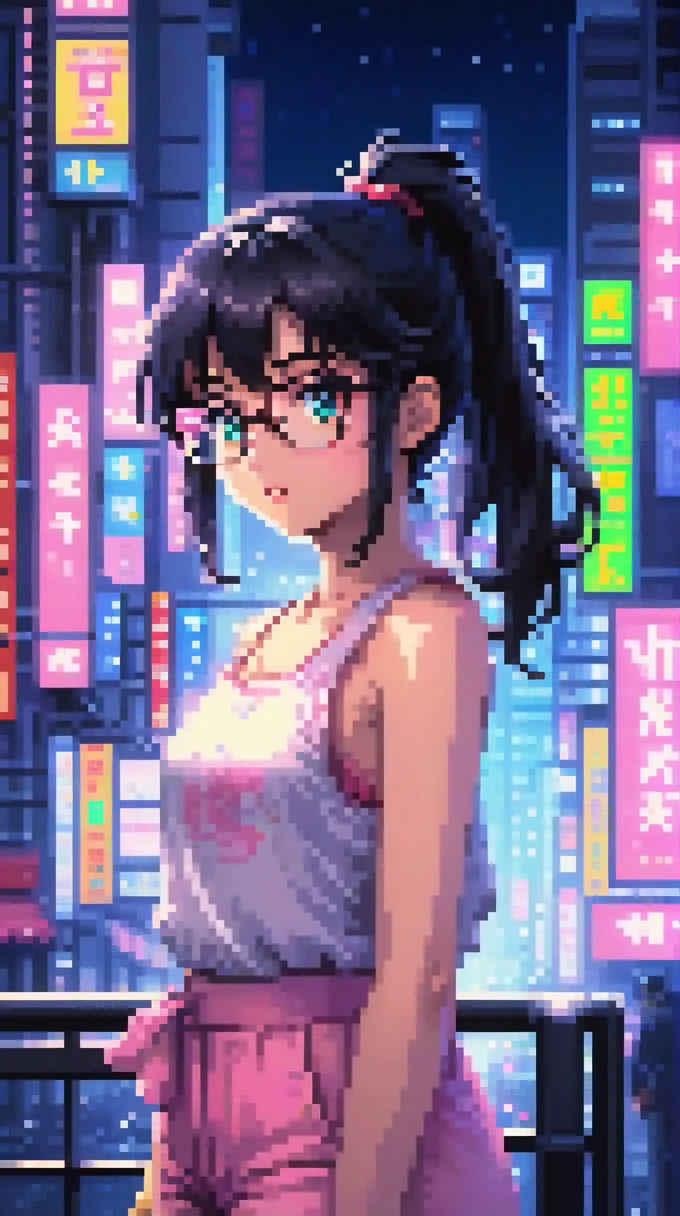 ((best quality)), ((masterpiece)), (detailed), 1girl, sexyhighest quality, masterpiece, Very detailed, Detailed Background, anime, One girl, Young girl, Sexy Girls, Black hair ponytail girl,　 Atmospheric lighting, Focus Only, close　 Depth of written boundary, Bokeh　1990年代anime　１９８０年代anime　１９８０Period Fashion　 　City Pop 　　Big glasses　 Beautiful eyes　B90,W60，H90 White Skin　Pink lighting　Light pink clothes pixel, 16-bit Style, Pixel art, Nintendo game scene, Cool colors, green,Shinjuku at night in the background, Skyscraper, Skyline, Modern, Colorful lights, Tokyo Night, dark, A girl in the foreground, whole body,greenい瞳　I&#39;m wearing headphones　Valley