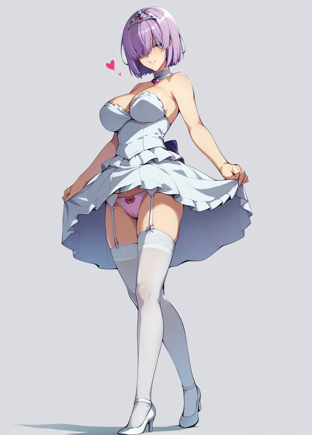 front、Ultra-detailed illustrations、Ultra-precise expression、masterpiece、Highest quality、ultra High resolution、High resolution、Hiromitsu Takeda Style、Angle from the side、White background、Simple Background、Character portrait、One girl、solo、Mash Kyrielight、light purple hair,short hair,hair over one eyes、Wedding dress、Heart Tiara、White high heelini skirt、White tights、Frill 、garter belt、