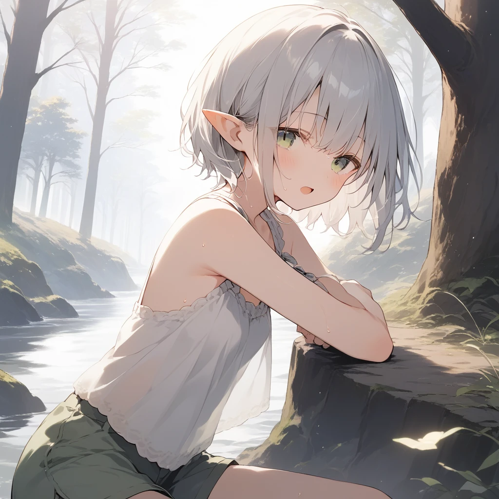 score_9, score_8_up, score_7_up, source_anime, best quality, masterpiece, official art, absurdres, highres, ultra-detailed,waifu2x,Collection: Slice of Life,break,1girl, elf, cool, short hair, slender, androgynous, small breasts, beautiful detailed eyes, green shorts, sweat, open mouth, sleepily, outdoors, forest, spring,break,(clear line illustration:1.2), super detailed skin,very high resolution, very aesthetic, Best sexual lighting powered by famous artist, 8k,cute picture,beauty illustration,photoshop_(medium),,(Detailed Lighting),best anime 8k konachan wallpaper, pixiv contest winner,