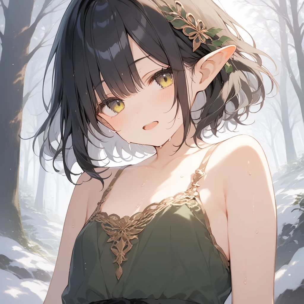 score_9, score_8_up, score_7_up, source_anime, best quality, masterpiece, official art, absurdres, highres, ultra-detailed,waifu2x,Collection: Slice of Life,break,1girl, elf, short hair, slender, androgynous,expressionless, small breasts, beautiful detailed eyes, green shorts, sweat, open mouth, sleepily, outdoors, forest, spring,break,(clear line illustration:1.2), super detailed skin,very high resolution, very aesthetic, Best sexual lighting powered by famous artist, 8k,cute picture,beauty illustration,photoshop_(medium),,(Detailed Lighting),best anime 8k konachan wallpaper, pixiv contest winner,