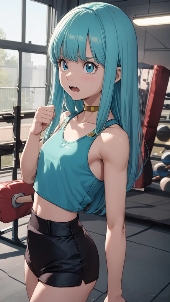 Cute slim high school girl, boxing gym, getting punched in the stomach, expression of pain, gritting teeth to hold on, only some muscle tendons visible, light blue eye, short light blue hair, small breasts, tank top, pants shorts