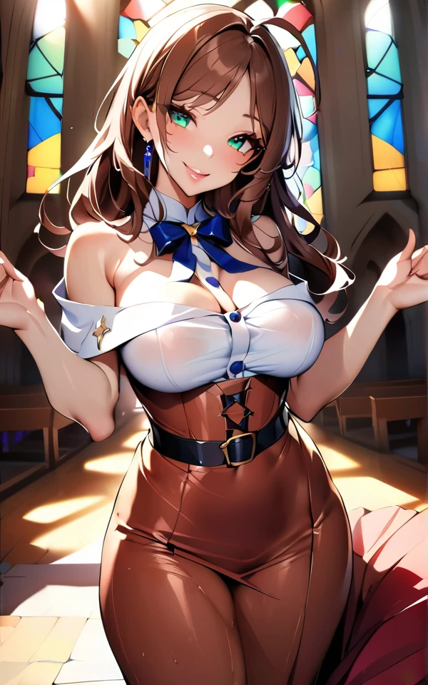 (masterpiece、Highest quality:1.2, Very detailed, up to date, Vibrant, Ultra-high resolution, High Contrast, Best aesthetics), (Small face), (Very detailedな肌:1.2), One Woman, (Brown Hair, Long Hair, Ahoge, Reddish brown eyes), (Slim figure:1.4, Woman with slim body and large breasts、Long boobs), Beautiful Eyes, Glossy Lips, Glowing Skin, Beautiful thighs, ((smile)), ((Random Pause:1.4)), (Off the shoulder, Elegant Dresses, Corset belt, Jewelry Products, Beautiful buttons, Long skirt with high waist, Dress designs that accentuate the bust), (Sexy Body), Perfect Fingers, Five Fingers, (church, Stained glass, Beautiful light), Background Blur,((Upper Body Shot))、Super short skirt、panties、