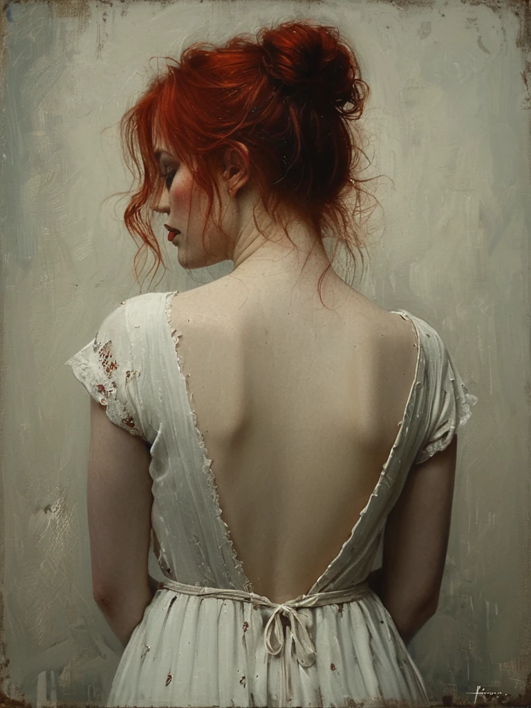 painting of a woman in a white dress with a red hair, monia merlo, inspired by Roberto Ferri, mary jane ansell, flora borsi, inspired by Odd Nerdrum, by Roberto Ferri, inspired by Hendrick Terbrugghen, very very roberto ferri, inspired by Brooke Shaden, brooke shaden detailed, shirt less, backless dress, exposed back, beautiful, closed eye, beautiful red lips