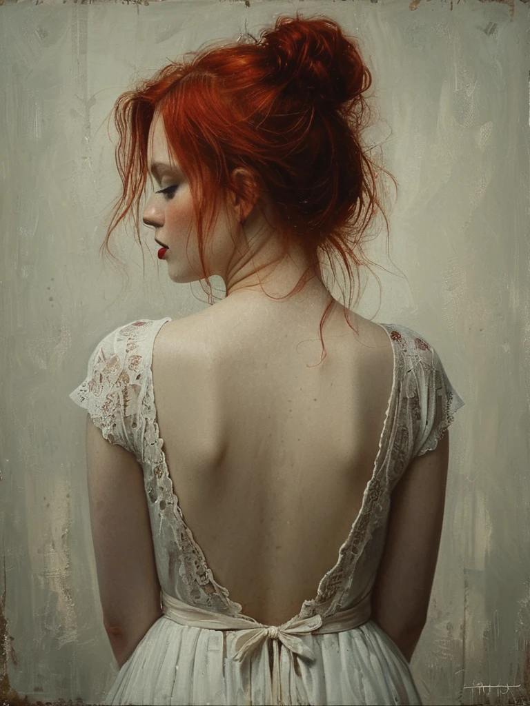  painting of a woman in a white dress with a red hair, monia merlo, inspired by Roberto Ferri, mary jane ansell, flora borsi, inspired by Odd Nerdrum, by Roberto Ferri, inspired by Hendrick Terbrugghen, very very roberto ferri, inspired by Brooke Shaden, brooke shaden detailed, shirt less, backless dress, exposed back, beautiful, closed eye, beautiful red lips
