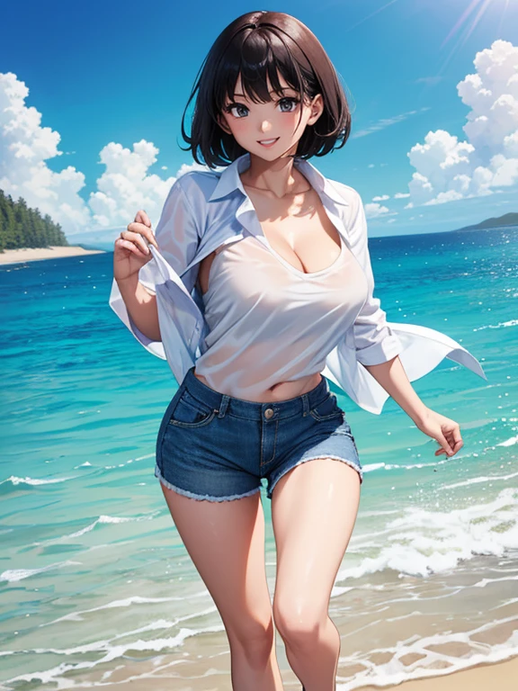 (Highest quality、masterpiece、High resolution、8K)、Vibrant colors、Young and beautiful woman 1、whole body、Brown and black short bob、barefoot、(Detailed face、Beautiful Eyes、Beautiful nose、Pretty lips)、Ample beautiful breasts、Beautiful cleavage、White shirt and shorts、Running on the beach、A refreshing smile、Official Art、The background is the sea、blue sky、White waves and wide sandy beach、Wide forest、White Entrance Cloud、