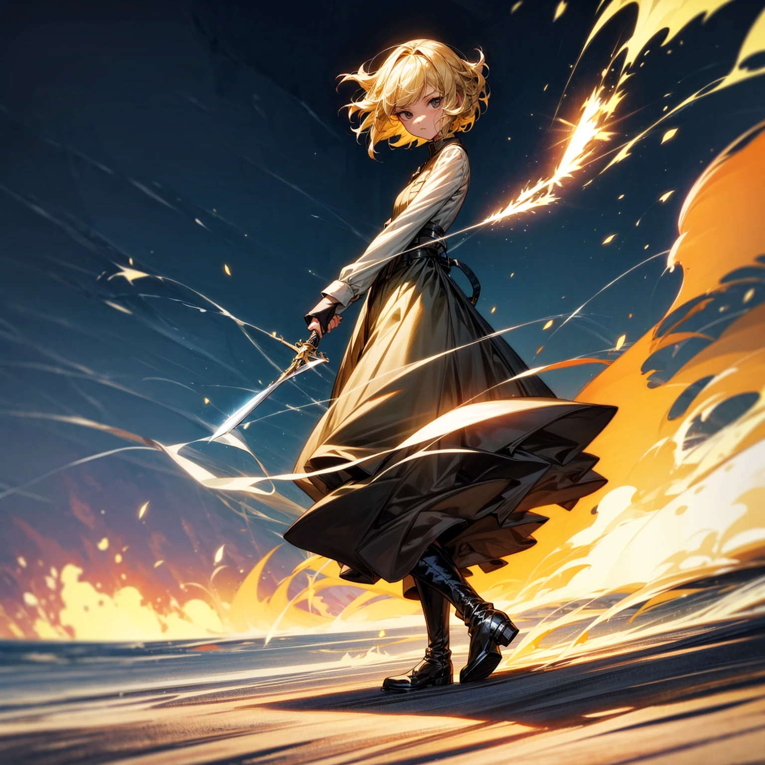 1girl, Full body version, 1character, girl version, black eyes color, bob Curly haircut, blonde colour hair, army style clothing, long skirt, long boots, knife in hand, Grassroots, background in beach, motion blur, (one piece style art), standing gesture, (high angle view) , aura effect, lighting aura, smoke effect, lighting sun, sun, plasma effect, smoke effect, fire, lighting knife