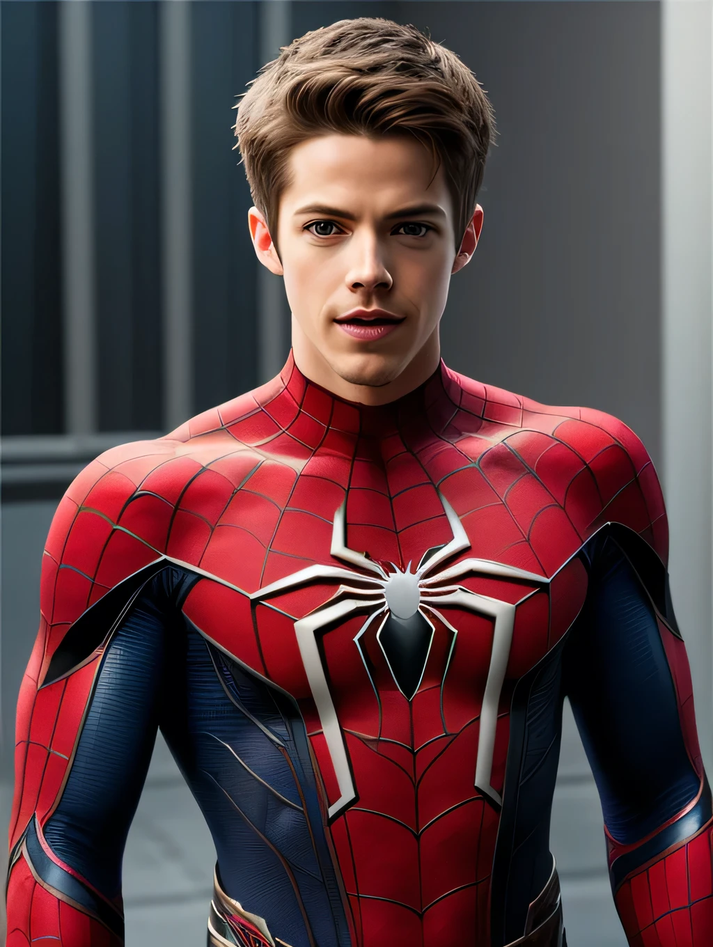 Grant Gustin as Spider-Man , realistic character style , realistic art , Spider-Man suit