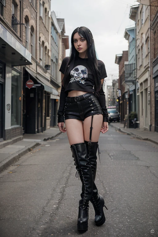 
Full-length portrait of a mysterious emo woman in her 20s. She is Canadian and very beautiful, with caucasian skin and long, straight, black hair. her eyes are light blue, with a penetrating and challenging look.She wears a typical emo outfit, a white t-shirt with a black skull figure, pink black checkered mini skir, high boots with silver straps.She is the lead singer of a heavy metal band. The photo is taken on the street, with a Victorian-style building in the background.