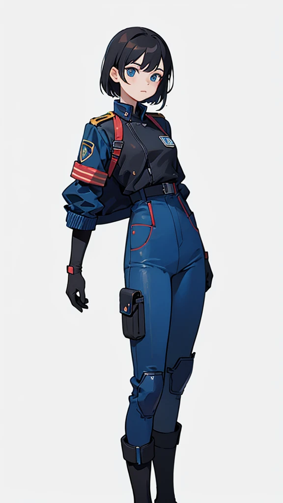 1,An android that resembles a human,Deep blue eyes,Short black hair,Dark blue uniform,Island symbol on chest,Red armband on right arm,gloves,Dark blue pants for easy movement,Many side pockets,Black leather boots,badge,White background,whole body,Character portrait,