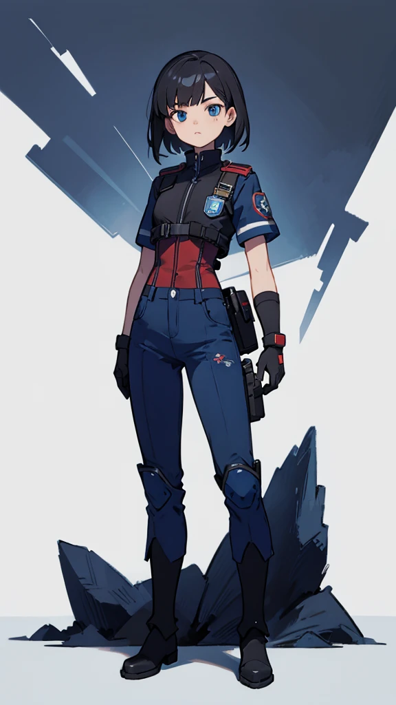 1,An android that resembles a human,Deep blue eyes,Short black hair,Dark blue uniform,Island symbol on chest,Red armband on right arm,gloves,Dark blue pants for easy movement,Many side pockets,Black leather boots,badge,White background,whole body,Character portrait,