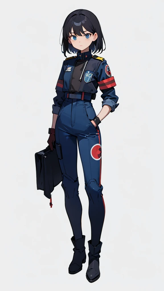 1,An android that resembles a human,Deep blue eyes,Short black hair,Dark blue uniform,Island symbol on chest,Red armband on right arm,gloves,Dark blue pants for easy movement,Many side pockets,Black leather boots,badge,White background,whole body,Character portrait,