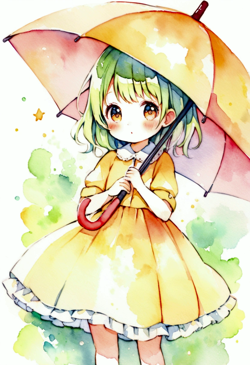 A cute girl about 4 years old holding an umbrella Picture books Watercolor
