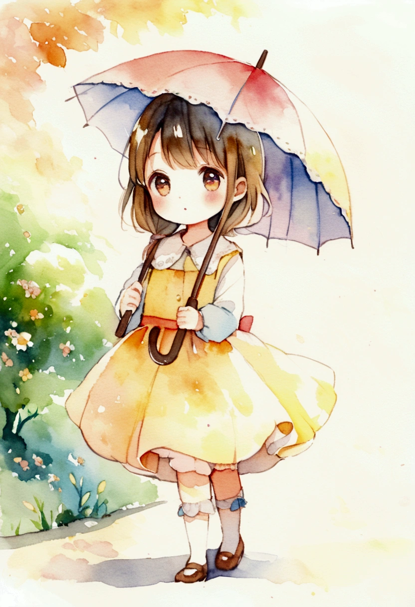 A cute girl about 4 years old holding an umbrella Picture books Watercolor