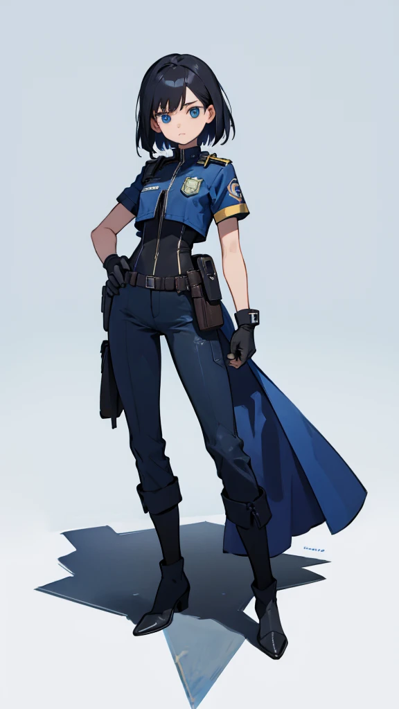 1,An android that resembles a human,Deep blue eyes,Short black hair,Dark blue uniform,Island symbol on chest,Armband on right arm,gloves,Dark blue pants for easy movement,Many side pockets,Black leather boots,badge,White background,whole body,Character portrait,