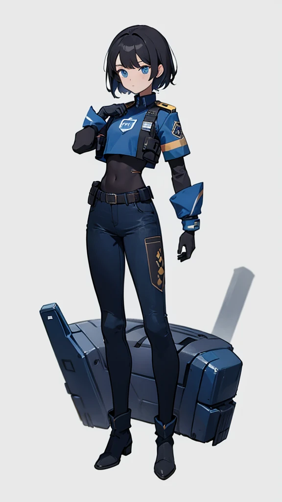 1,An android that resembles a human,Deep blue eyes,Short black hair,Dark blue uniform,Island symbol on chest,Armband on right arm,gloves,Dark blue pants for easy movement,Many side pockets,Black leather boots,badge,White background,whole body,Character portrait,