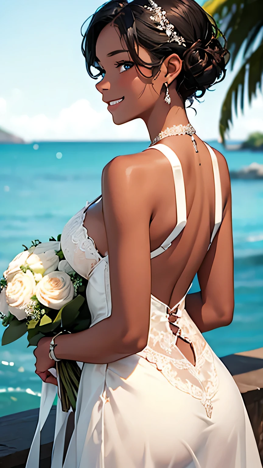 highest quality、Realistic、girl、zoom、Turquoise eyes、Short curly hair、Wedding dress、Bridal Lingerie、Tanned black body、Brown black skin、slender、Dark Skin、Large Breasts、、A big smile、Summer Sea、Bust Shot、Back view