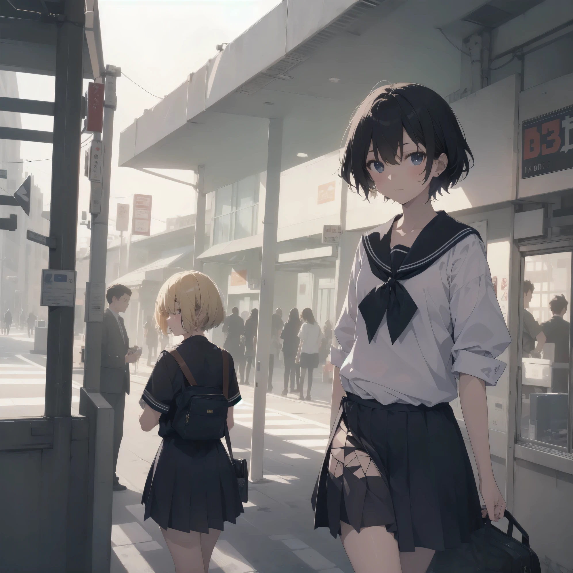 ultra-absurdres-Top quality by artist God, ultra-detailed, high resolution, anime moe artstyle, best anime 8k konachan wallpaper, pixiv contest winner, pool:2810, perfect anatomy,break, 1girl, (Please draw a girl walking sleepily to school alone. )break,(Solo,little female, 13-year-old:1.3),Full limbs, complete fingers,a junior high school student, (very short hair), short cut, flat chest, , small butt, small black eyes, beautiful detailed eyes, well-proportioned iris and pupils, expressive eyes, highres detailed hair, soft expression, salor school_uniform, sailor collar, serahuku, bow, pleated skirt,(Detailed Lighting), (Detailed background), in the School commute route. break,super detailed skin, Best cinematic lighting powered by famous artist, 8k,beauty illustration,photoshop_(medium),very aesthetic,break,((artist:tomose_shunsaku )), artist:clamp ,artist:carnelian ,artist:kantoku ,
