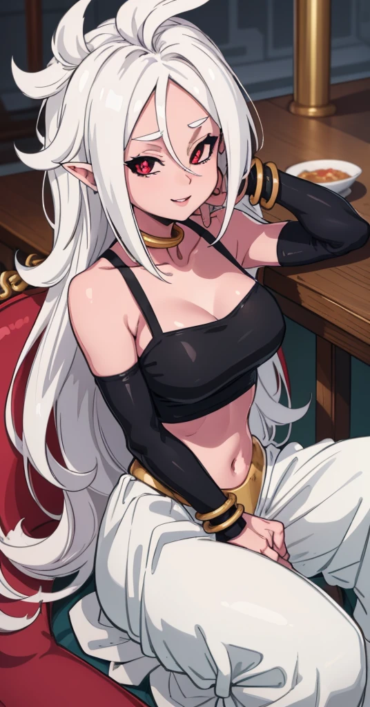 work of art, she is standing, she is showing her side to the camera, sideways to camera, best qualityer, ma21, Black Sclera, Pink skin, top of the tube, bracelet, harem pants, Tailpussy, sitting down, restaurant, body sideways to the viewer, ssmile, furled brow