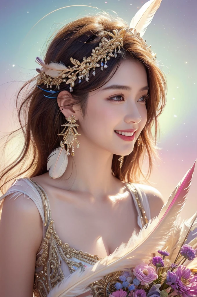 A girl with small breasts, bare shoulders, golden hair, colored feathers, metal ornaments, colored flowers, particles, light rays, (masterpiece, top quality, best quality, official art, beautiful and aesthetic:1.2), (1girl:1.3), extremely detailed,(fractal art:1.1),(colorful:1.1)(flowers:1.3),highest detailed,(zentangle:1.2), (dynamic pose), (abstract background:1.3), (shiny skin), (many colors :1.4), ,(earrings:1.4), (feathers:1.4), smile, laughing