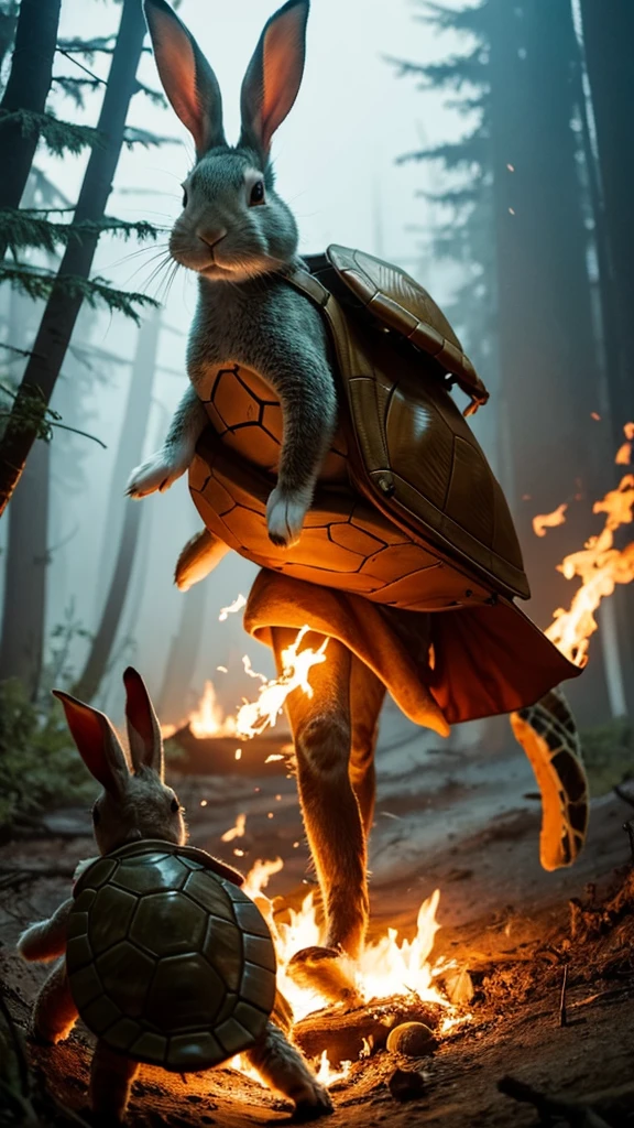 A rabbit carrying a turtle in a burning forest.