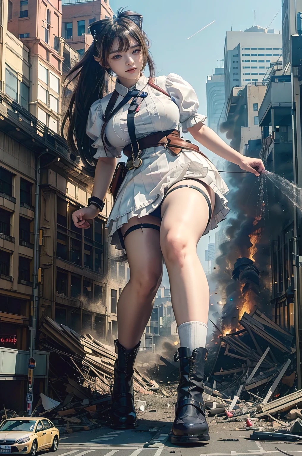 looking at the camera、steampunk、Standing on top of a ruined building、Big building explosion、The building collapses、Urban hustle and bustle、Traffic jam、City of Rubble、street tree、Car and bus、truck、taxi、City boulevard、Pedestrian bridge、Streetcar route((((Azur Lane Cheshire Cosplay))))、Frilled maid outfit、((Super huge breasts))、((Plump thighs))、Ground View,City of Giants,500 foot tall giant girl,skyscraper,Has super long legs,Step into the crowd,There are many people on the street,Knee-high socks,A happy look,Standing on the ruins,Beautiful appearance,Exquisite makeup,quality,8K,高quality,Perfect Proportions, Cinema Lighting,Film Grain,The Colors of Fuji,8K,Textured skin,Super Detail,High detail,high quality,High resolution,explode,False Smile、Reaching out