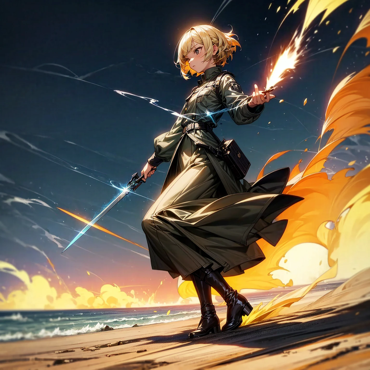 1girl, Full body version, 1character, girl version, black eyes color, bob Curly haircut, blonde colour hair, army style clothing, long skirt, long boots, knife in hand, Grassroots, background in beach, motion blur, (one piece style art), standing gesture, (high angle view) , aura effect, lighting aura, smoke effect, lighting sun, sun, plasma effect, smoke effect, fire, lighting knife