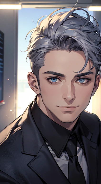 (best quality,4k,8k,highres,masterpiece:1.2),ultra-detailed,(realistic,photorealistic,photo-realistic:1.37),1 man,31 years old,mature man,very handsome,without expression,smile,short grey blue hair,blue eyes,penetrating gaze,perfect face without errors,imposing posture,businessman,office background,cinematic lighting,hdr image