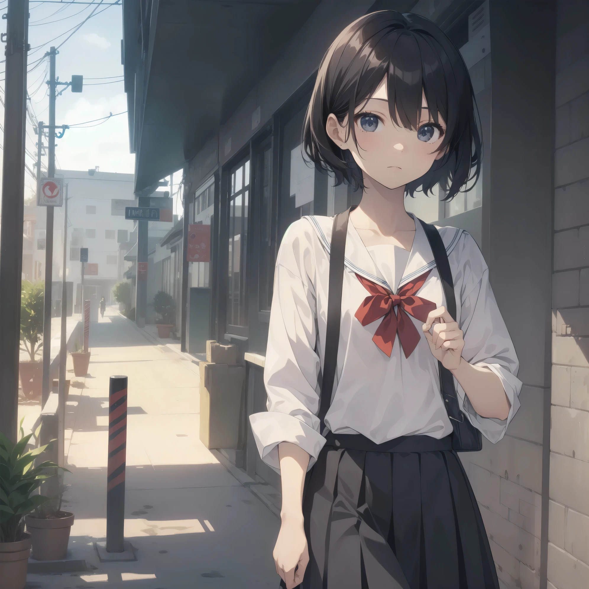 ultra-absurdres-Top quality by artist God, ultra-detailed, high resolution, anime moe artstyle, best anime 8k konachan wallpaper, pixiv contest winner, pool:2810, perfect anatomy,break, 1girl, (Please draw a girl walking sleepily to school alone. )break,(Solo,little female, :1.3),Full limbs, complete fingers,a junior high school student, (very short hair), short cut, flat chest, , small butt, smallck eyes, beautiful detailed eyes, well-proportioned iris and pupils, expressive eyes, highres detailed hair, soft expression, salor school_uniform, sailor collar, serahuku, bow, pleated skirt,(Detailed Lighting), (Detailed background), in the School commute route. break,super detailed skin, Best cinematic lighting powered by famous artist, 8k,beauty illustration,photoshop_(medium),very aesthetic,break,((artist:tomose_shunsaku )), artist:clamp ,artist:carnelian ,artist:kantoku ,