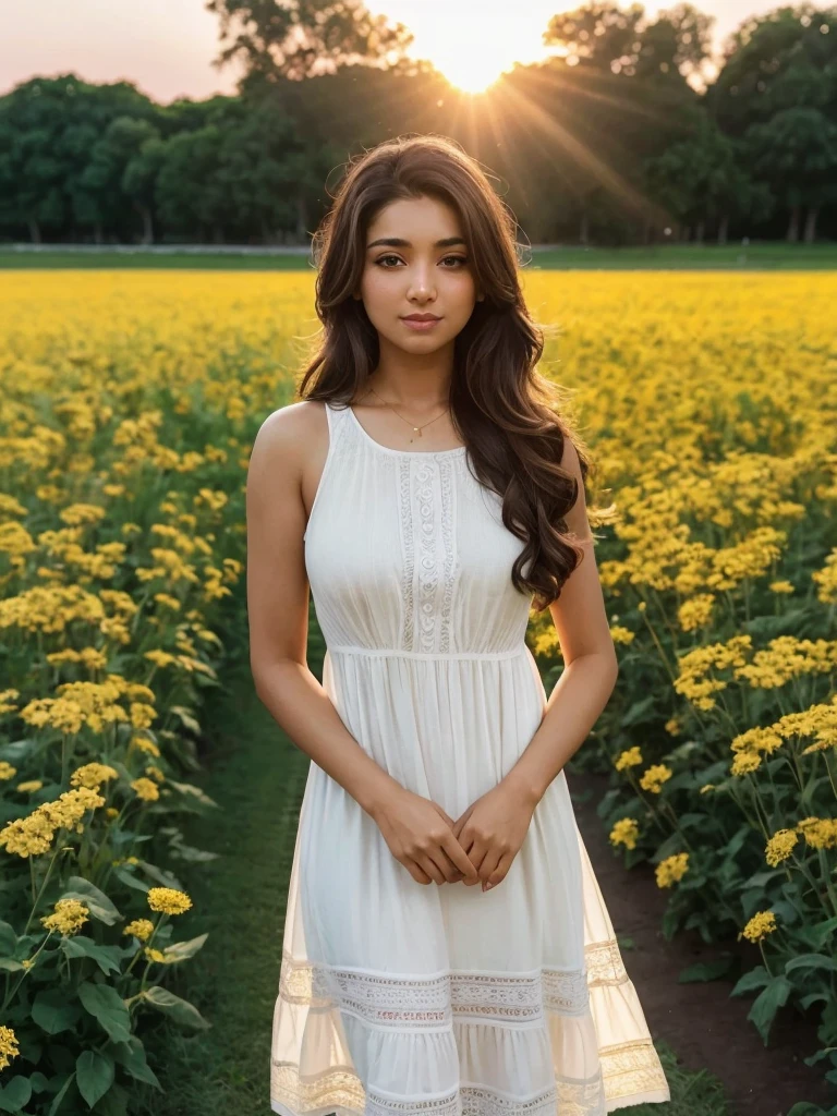 beautiful, tall, Indian Latina girl, white skin, Full body photo of a woman standing gracefully, no shoes, wavy brown hair, hazel eyes, wearing sundress in a garden with soft light, looking at viewer, Instagram photo, girl named Reema khan, free hand, wearing sundress, selfie taken on I phone 15, perfect body, looking at viewer, is in flower field, sun kissed, sunlight, slight smile, bokeh, Instagram photo, 14 years oldReema khan, wearing sundress, perfect body, looking at viewer, is in flower field, sun kissed, sunlight, slight smile, bokeh, RAW photo, a portrait photo of cute college girl, Indian college girl, cute, sundress, slim, fitness girl, natural skin, blonde, interior, sunset, 8k UHD, high quality, film grain, Fujifilm ,free hand, Full body photo of a woman standing gracefully