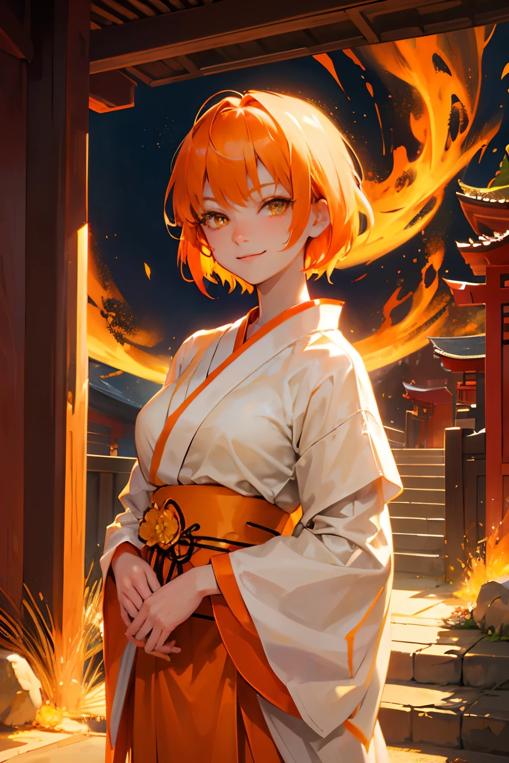 Beautiful adult woman、((Orange short hair))(Yellow Eyes))、Face close-up、smile、Bakemonogatari、Araragitsuki day、(Wearing a shrine maiden outfit)、(There is a Phoenix)