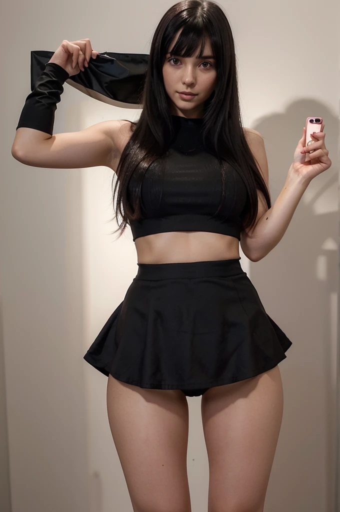 young woman. long black shiny hair. hair bangs. pink mini dress. short skirt. ((panties visible)) selfie photo. legs open.