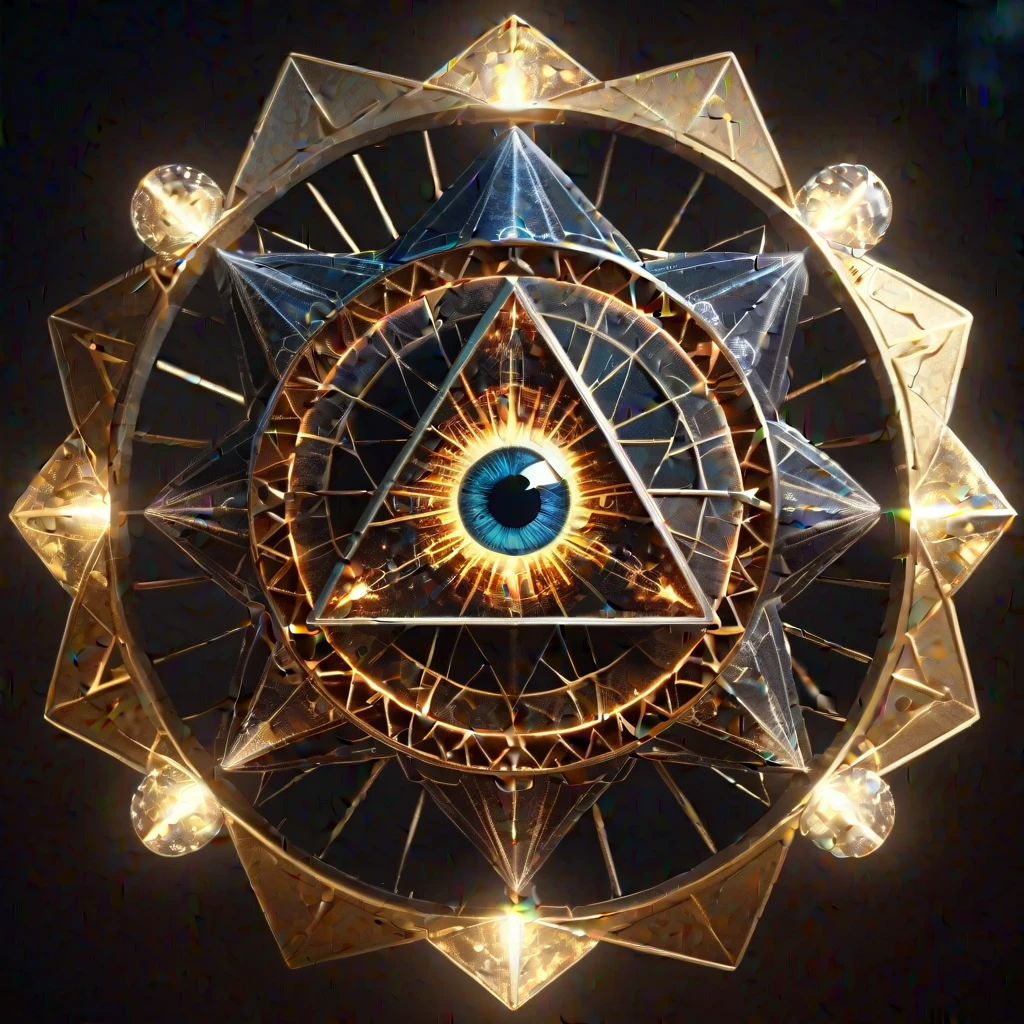((Eye of Truth)),Transfiguration Wheel, Represents the sacred geometry of the icosahedron, 4K, Cinematic, Volumetric lighting, Magic