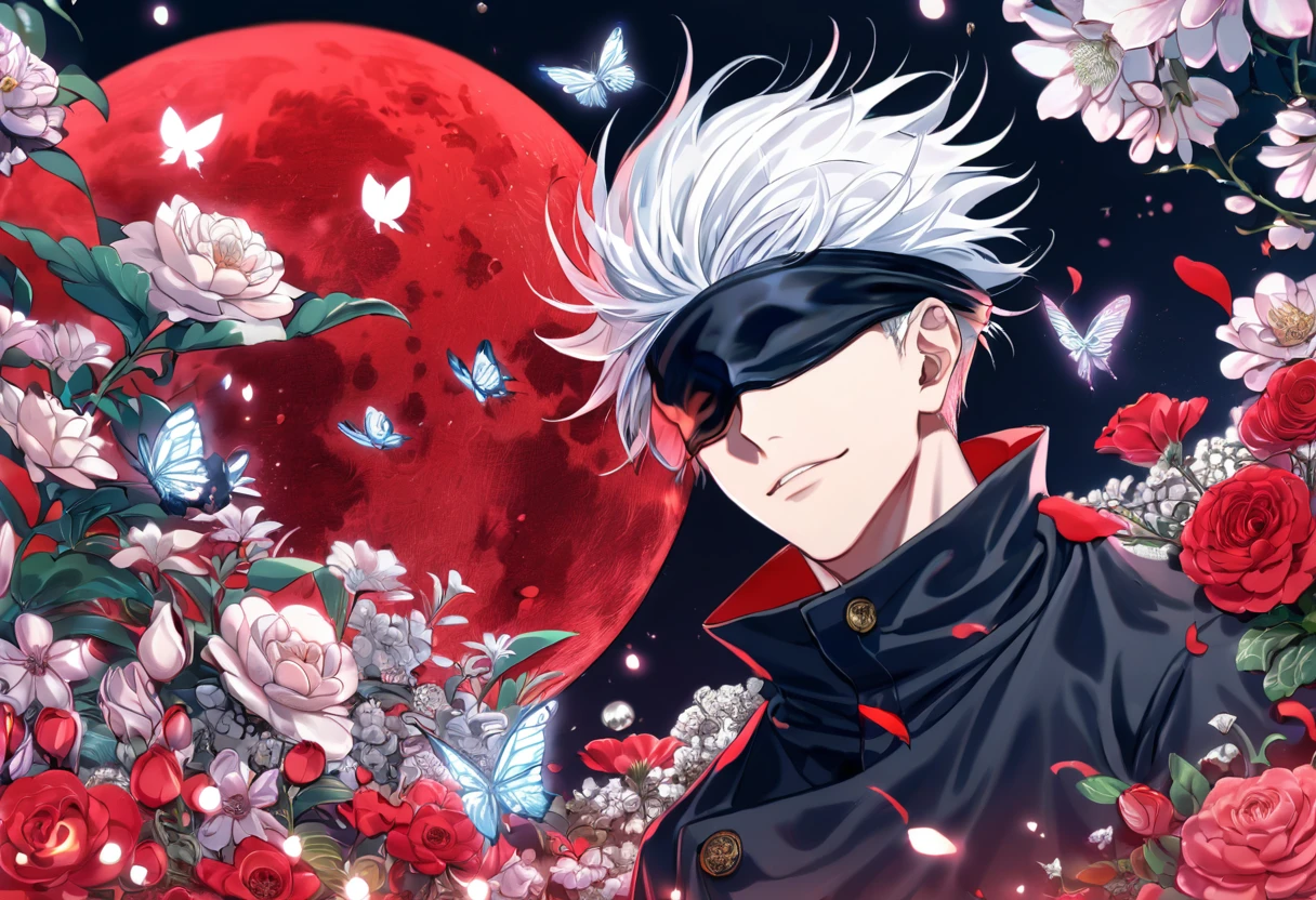 absurdres, highres, ultra detailed, HDR, master piece, extremely detailed, Gojou Satoru, white hair, blindfolded eyes, Jujutsu Kaisen, sexy man, handsome, best quality, red moon, flowers, fantasy, magical, solo, red water, red shining fireflies, red petals, handsome smile, silver small butterflies, red dust, black coat,