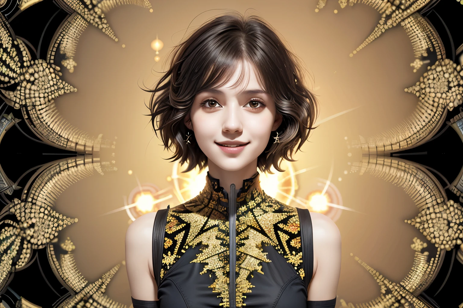 256 19-year-old female, (short hair),(Abstract background,Fractal Art:1.46), smile