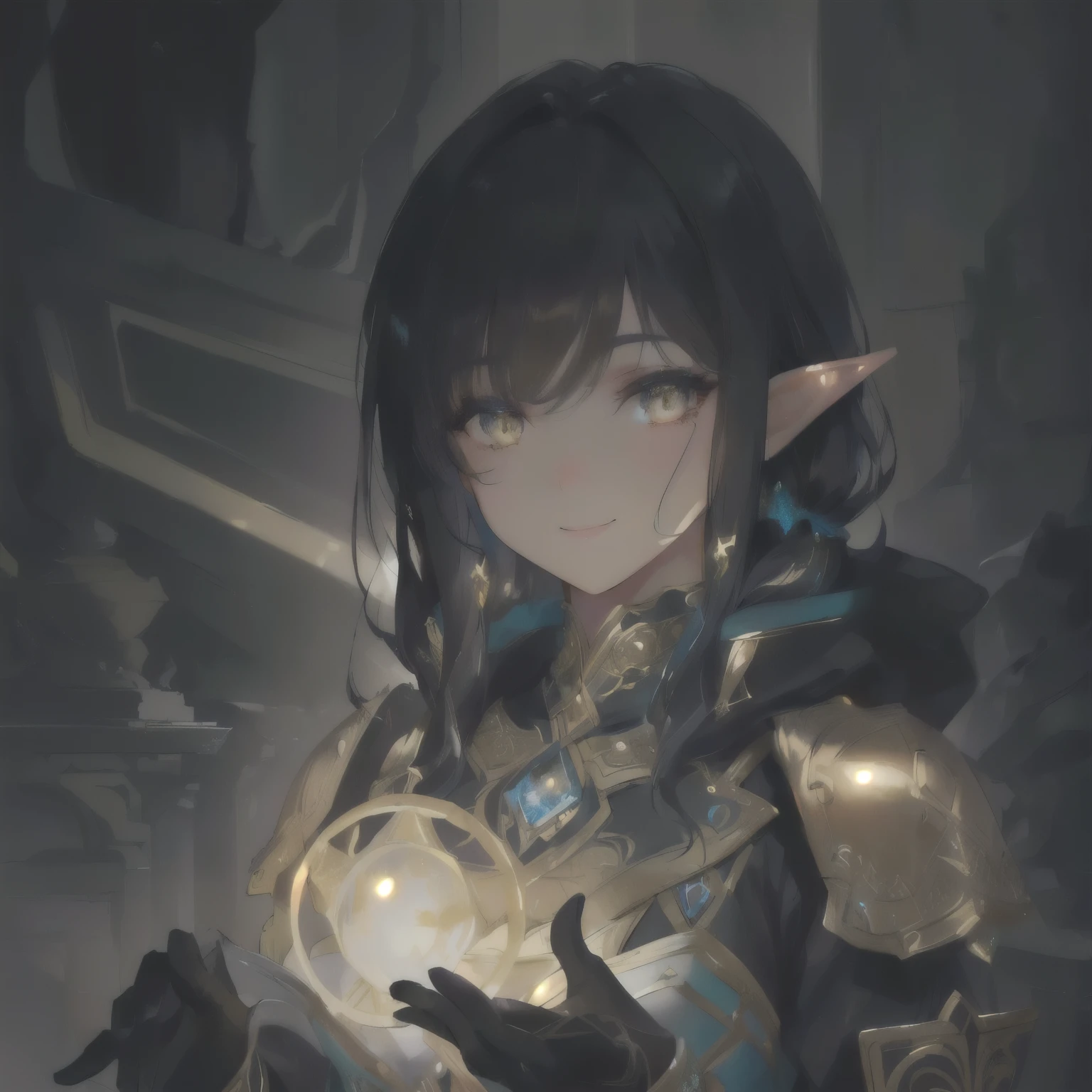 A cute half dark elf, half dwarf with medium pointed ears, honey-colored eyes, curly hair, smiling, detailed face,intricate fantasy character,fantasy art,elegant dress,cinematic lighting,dramatic shadows,vibrant colors,highly detailed,digital painting,concept art,award winning