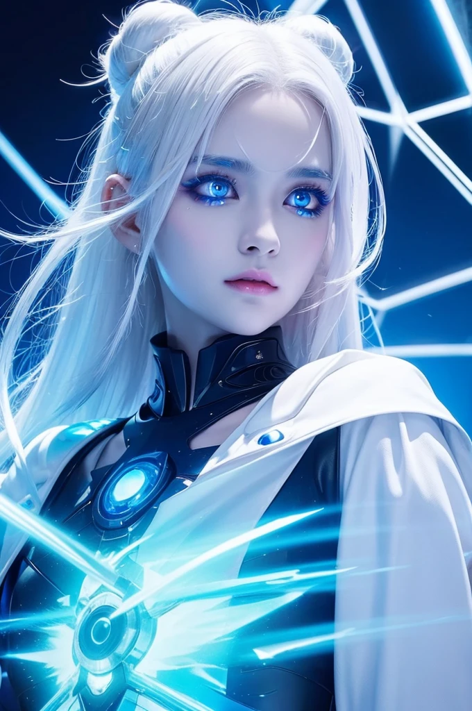 She has white hair and white eyes、With a slightly futuristic appearance、Glowing blue、Breaking glass like the night sky。There、A dazzling blue light shines。