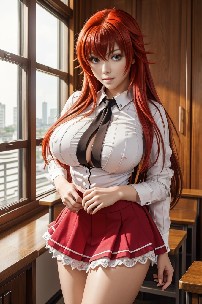 (best quality, masterpiece, highest detailed), (photorealistic:1.2), raw photo, (rias gremory),sexy, big breasts, in classroom,mini skirt, unbottoned shirt, (vibrant color), (intricate details), (dynamic angle)