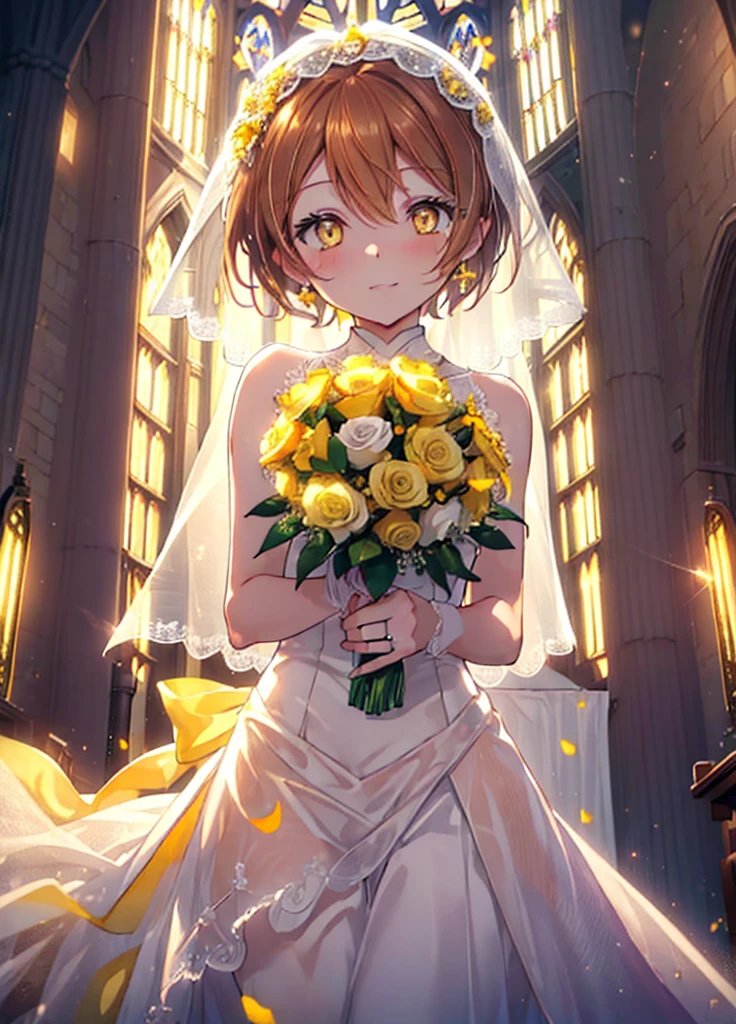 Rin Hoshizora (Yellow Eyes:1.5), Hair between the eyes, Brown Hair,short hair,blush,happy smile, smile, Open your mouth,Wedding dress,Veil,bouquet,　　　　　　　　　　　　break looking at viewer, whole body,(Cowboy Shot:1. 5) 　　　　　　　　　　　　　　　　　　　break indoors, Chapel,church, 　　　　　　　　　　　break (masterpiece:1.2), Highest quality, High resolution, unity 8k wallpaper, (shape:0.8), (Beautiful attention to detail:1.6), Highly detailed face, Perfect lighting, Extremely detailed CG, (Perfect hands, Perfect Anatomy),