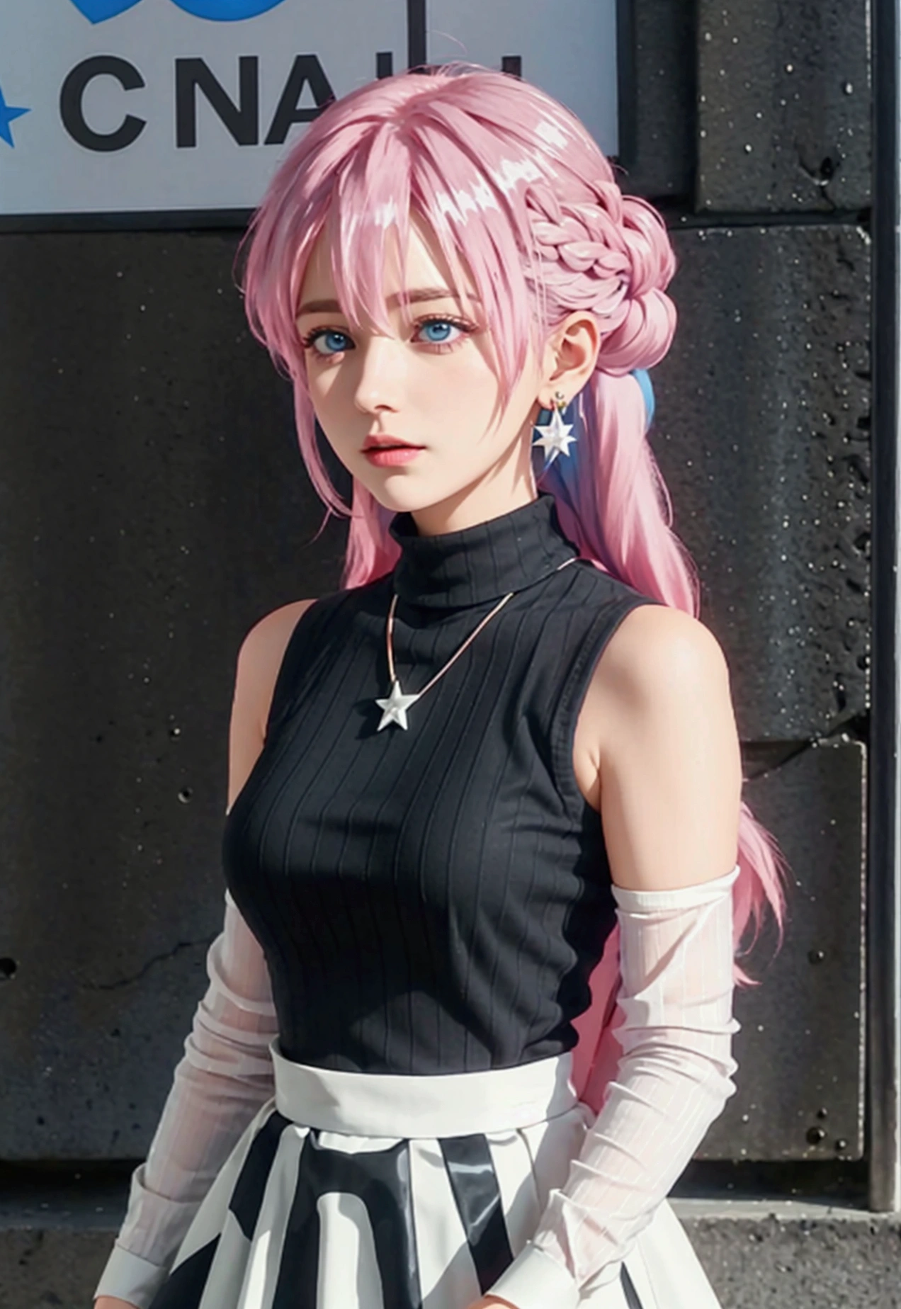 ultra-detailed,highly detailed,best quality,masterpiece,illustration, 
The image features a young person with pink hair styled with braids and loose strands. They are wearing a sleeveless white turtleneck top with subtle vertical stripes and a black pleated skirt. The individual has bright blue eyes and is accessorized with blue star-shaped earrings and a necklace with a round pendant. The background includes some signs and another person in casual attire. The setting appears to be an outdoor urban area.